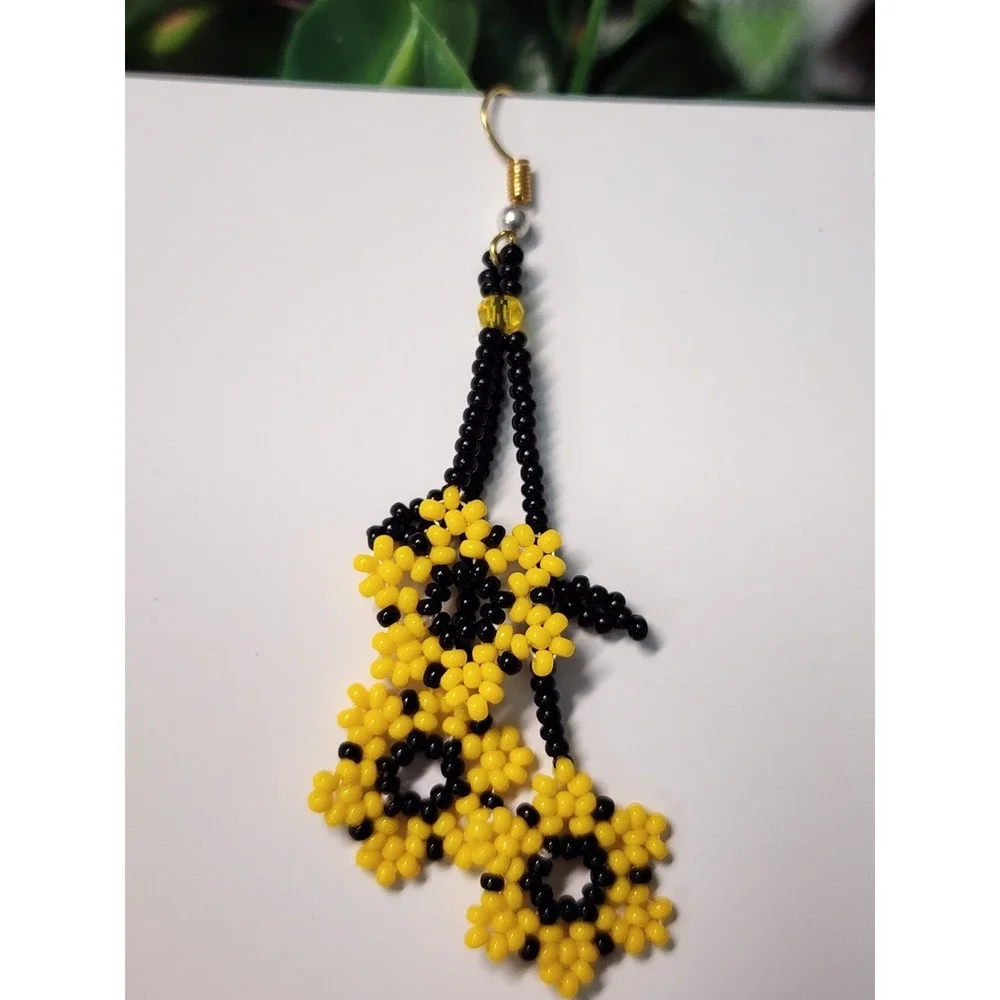 Flower Beaded Yellow Color Earrings. Long 2.5